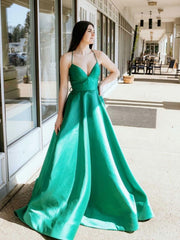 Simple v neck green tulle long prom dress green formal dress