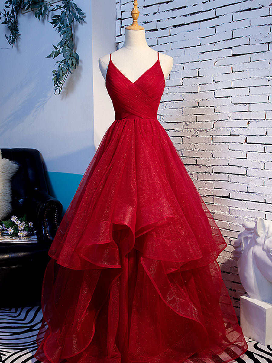Burgundy v neck tulle long prom dress, burgundy tulle formal dress