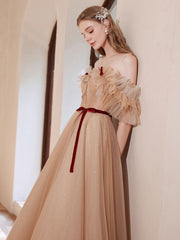 Champagne tulle beads long prom dress, A line tulle formal dress