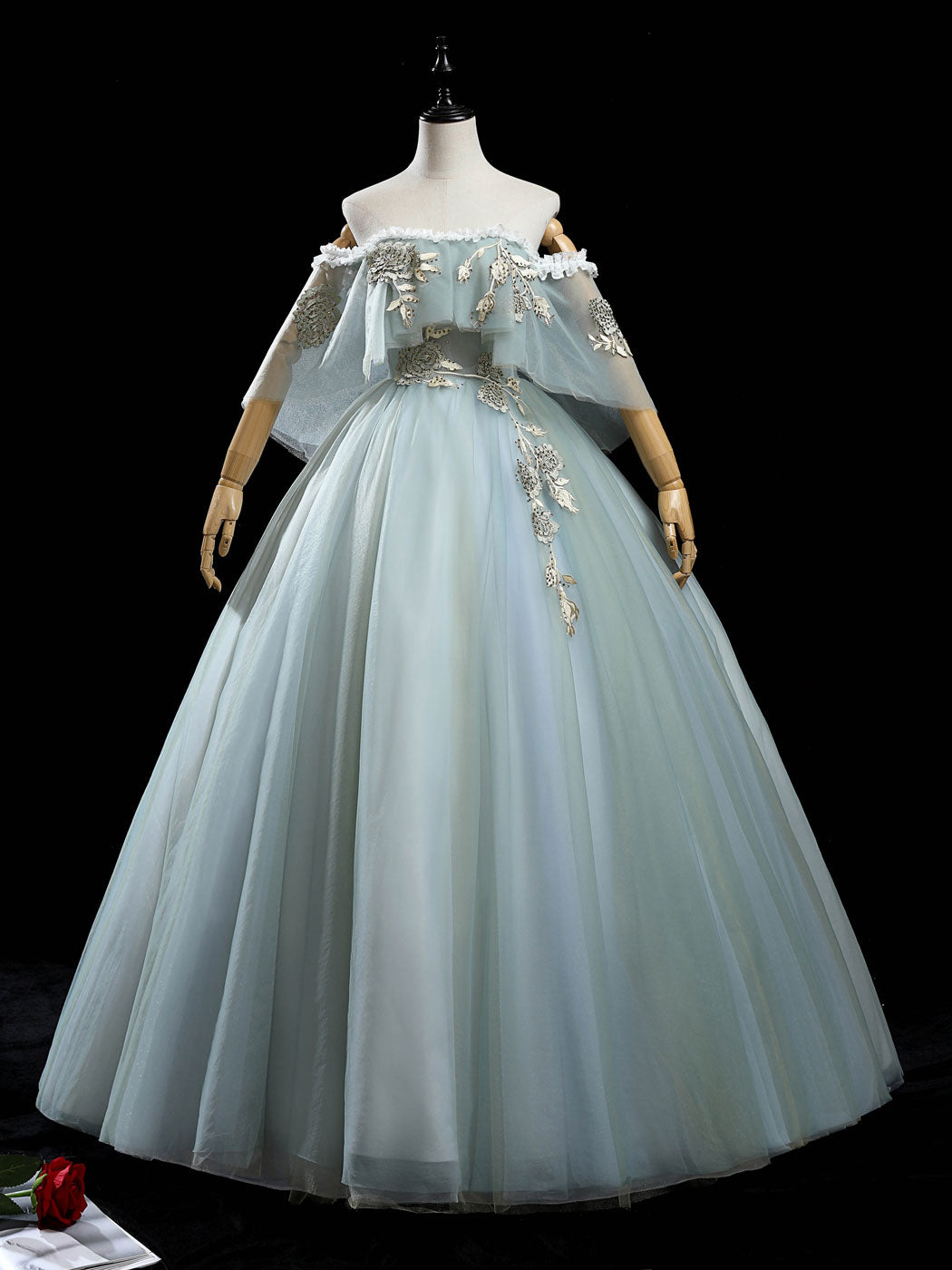 Green tulle lace long prom dress, lace evening dress