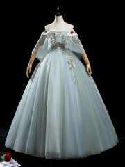 Green tulle lace long prom dress, lace evening dress