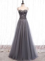 Gray sweetheart neck tulle sequin beads long prom dress