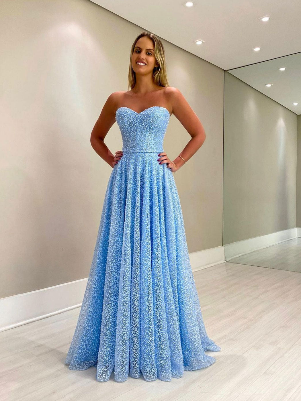 Blue sweetheart neck tulle long prom dress, A line blue evening dress