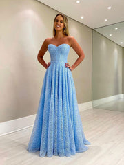 Blue sweetheart neck tulle long prom dress, A line blue evening dress