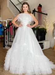 A-line Long Prom Dress with Ruffle Tiered Neck and Ruffle Tiered Skirt
