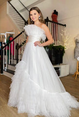 A-line Long Prom Dress with Ruffle Tiered Neck and Ruffle Tiered Skirt