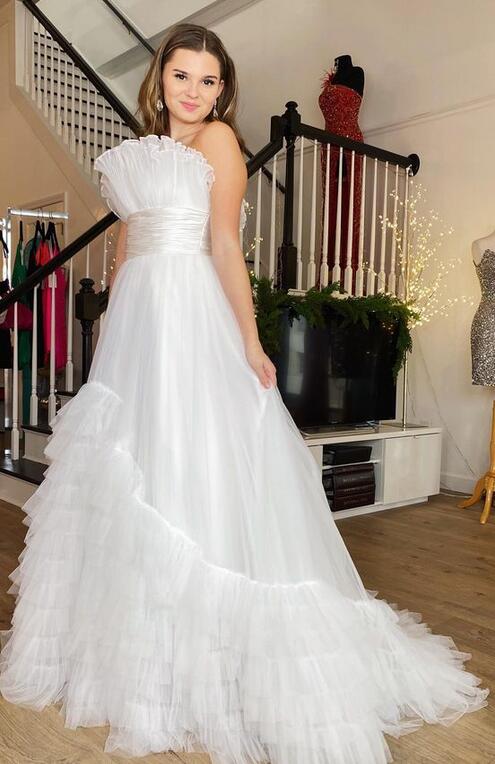 A-line Long Prom Dress with Ruffle Tiered Neck and Ruffle Tiered Skirt