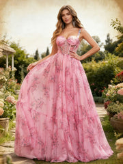 Sweetheart Neck Floral Print A-Line Chiffon Dress Pink