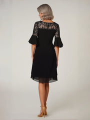 Scoop Illusion Neck Lace Sequins Chiffon Knee-Length Dress Black