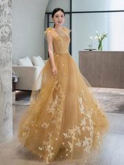 Simple A line tulle lace long prom dress, lace tulle formal dress