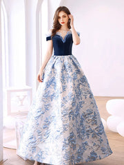 Blue Satin Velvet Long Prom Dress, Blue Long Evening Dress