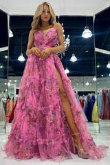 Bright Pink Print Strapless A-Line Long Dress with Slit