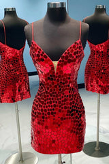 Red Cut Glass Mirror V-Neck Straps Bodycon Homecoming Dress