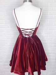 Simple burgundy v neck short prom dress burgundy homecoming dress