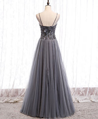 Gray sweetheart neck tulle sequin beads long prom dress