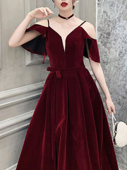 Simple v neck velvet long prom dress, burgundy formal evening dress