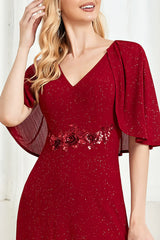 Glitter V-Neck Mother of the Bride Dress with Cape