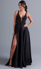 PromGirl Lace-Bodice Long Black A-Line Prom Dress