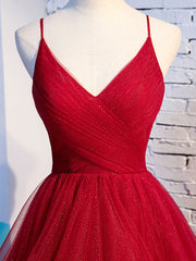 Burgundy v neck tulle long prom dress, burgundy tulle formal dress