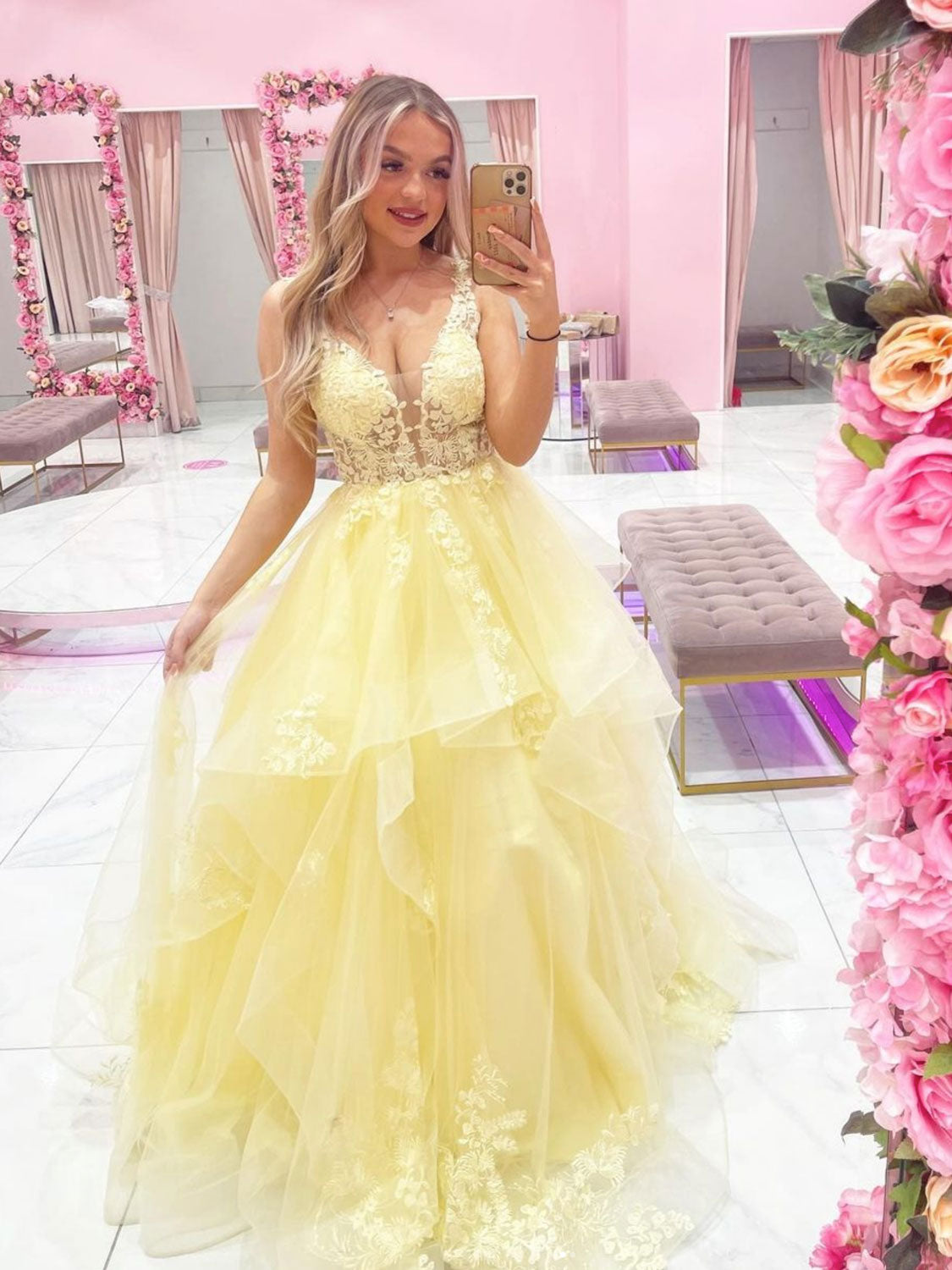 Yellow v neck tulle lace long prom dress, yellow evening dress