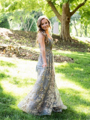 Unique v neck tulle sequin long prom dress, tulle formal dress