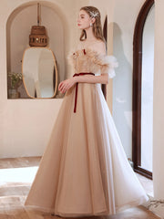 Champagne tulle beads long prom dress, A line tulle formal dress