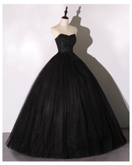 Vintage Black Applique A-Line Evening Gown Tulle Strapless Party Dress Long Formal Dress HZ1024
