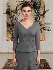 A-Line Mother of the Bride Dress Plus Size Elegant High Low V Neck Asymmetrical Tea Length Chiffon 3/4 Length Sleeve with Appliques Cascading Ruffles Side-Draped