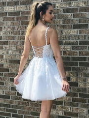 White v neck tulle lace short prom dress, white lace homecoming dress