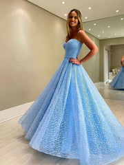 Blue sweetheart neck tulle long prom dress, A line blue evening dress