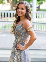 Unique v neck tulle sequin long prom dress, tulle formal dress