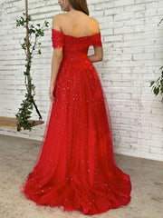 Off Shoulder A line Tulle Red Long Prom Dresses, Red Long Formal Bridesmaid Dresses.