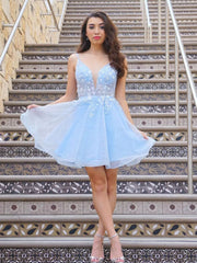 Blue v neck tulle lace short prom dress, blue formal dress