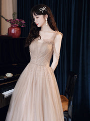 Champagne tulle beads long prom dress, champagne evening dress