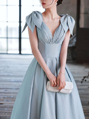 Blue v neck satin beads long prom dress, blue evening dress