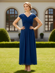 A-Line Pleated Lace Chiffon Empire Dress With Bow Ink Blue