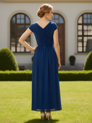 A-Line Pleated Lace Chiffon Empire Dress With Bow Ink Blue