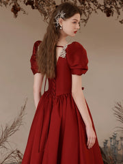 A-Line Satin Burgundy Long Prom Dress, puff sleeves Long Burgundy Formal Dress