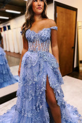 Black Tulle Appliques Off-the-Shoulder Ruffle Long Prom Dress