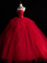 Burgundy tulle beads long prom dress, burgundy tulle formal party dress