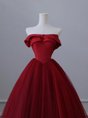 A-Line Tulle Burgundy Long Prom Dress, Burgundy Tulle Long Formal Dress