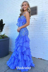 Sequin Applique Blue Mermaid Ruffle Prom Dress with Bowknot