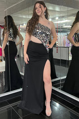 One-Shoulder Red Cut Glass Mirror Cutout Long Formal Dress