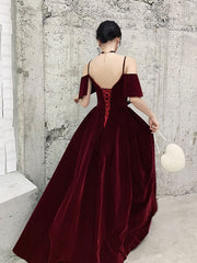 Simple v neck velvet long prom dress, burgundy formal evening dress