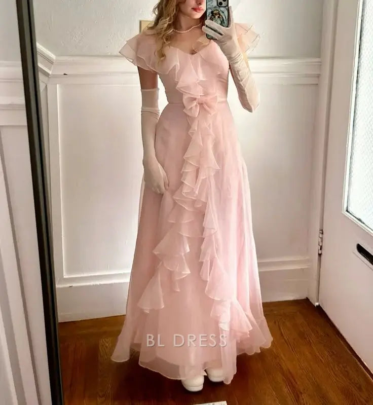 A Line V-Neck Chiffon Ruffle Pink formal dresses Bridesmaid Dresses evening gown Prom Dress