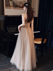 Champagne tulle beads long prom dress, champagne evening dress