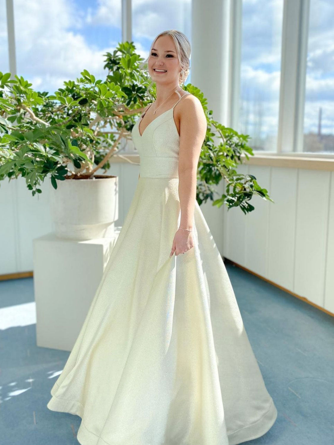 Simple v neck backless long prom dress, A line formal graduation dress