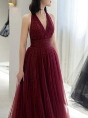 Simple v neck tulle sequin long prom dress A line burgundy evening dress