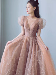 Champagne v neck tulle long prom dress, champagne A line evening dress