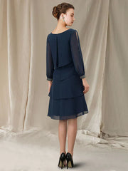 A-Line Mother of the Bride Dress Elegant Jewel Neck Asymmetrical Short Mini Chiffon Short Sleeve with Ruffles